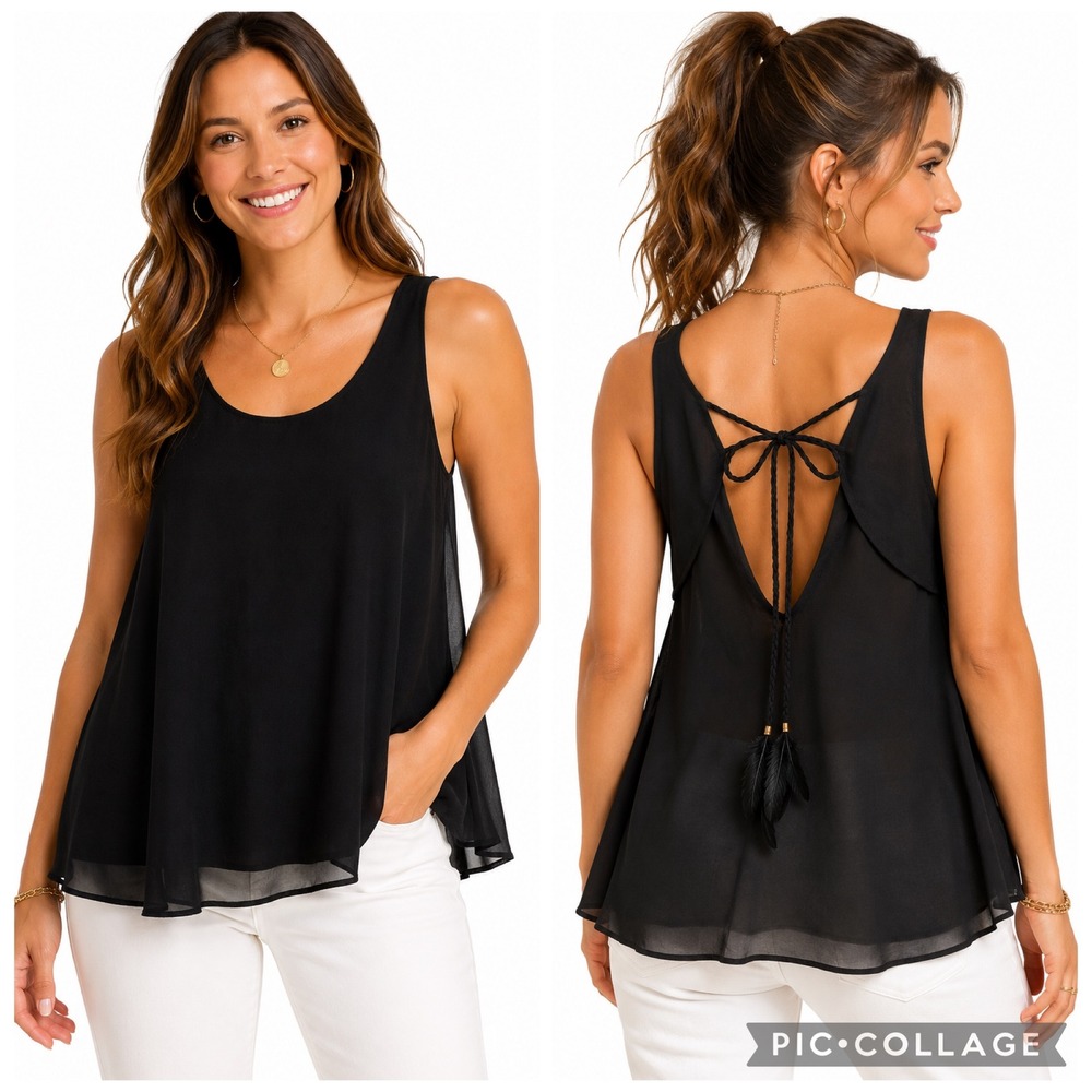 Dolce Vita Black Chiffon Boho Tank Top Feather Tie Back Scoop Neck Layered Hem